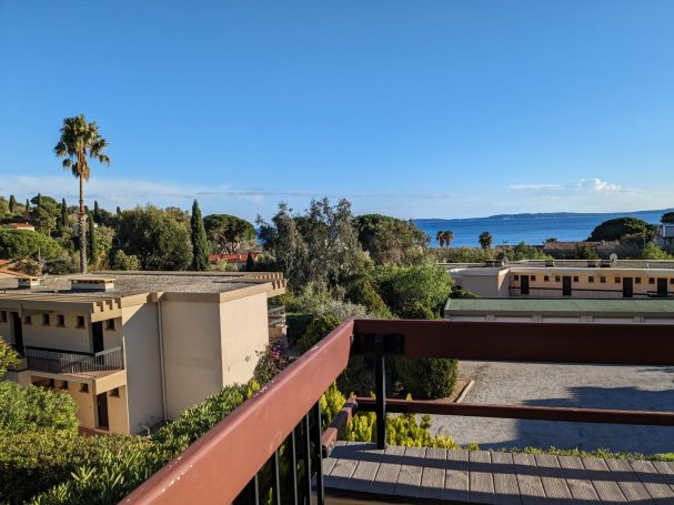 Le Lavandou: T2 vue mer, terrasse Vue depuis un balcon sur des maisons, des palmiers et un lac avec ciel bleu.